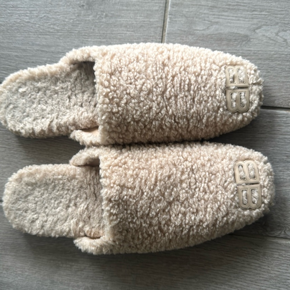 Mens Balenciaga Faux Shearling Slip On Mules Beige